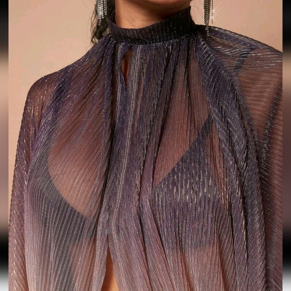 Ombre Glitter Pleated Mock Neck Top - Picture 4 of 5